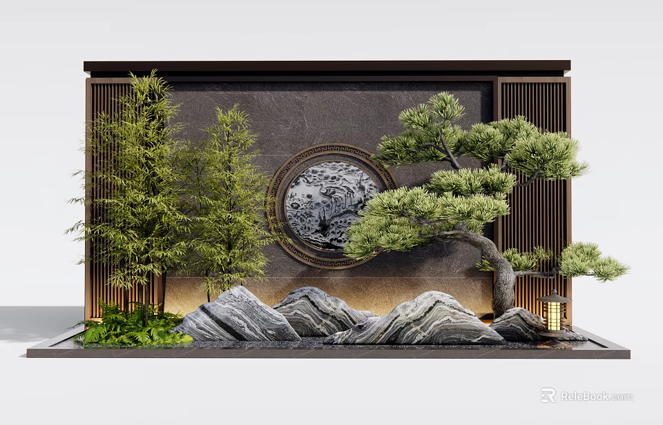 Traditional Chinese Garden Wall With Circular Relief Pine Tree Rockery And Green Plants 3d model 