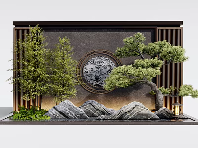 Traditional Chinese Garden Wall With Circular Relief Pine Tree Rockery And Green Plants 3d model