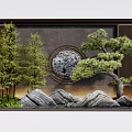 Traditional Chinese Garden Wall With Circular Relief Pine Tree Rockery And Green Plants