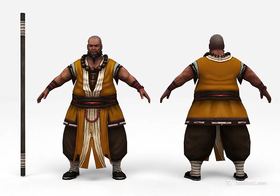 Game and Movie Character Muscular Build in Traditional Yellow Tunic Brown Pants Belt and Long Staff 3d model 