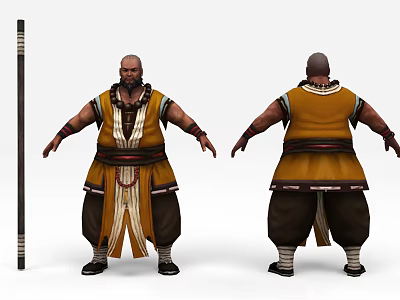 Game and Movie Character Muscular Build in Traditional Yellow Tunic Brown Pants Belt and Long Staff 3d model