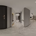 Modern Open Dining and Living Room Interior With Marble Floor And Wooden Panels