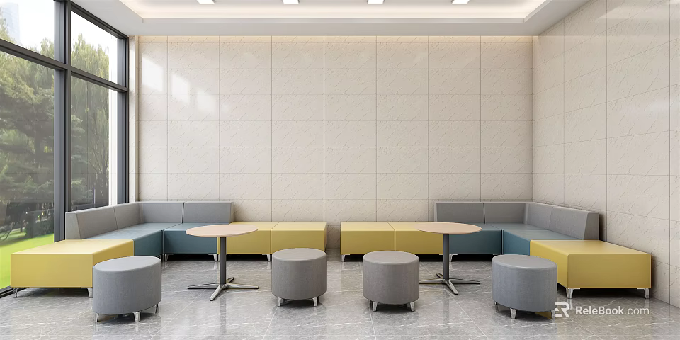 Hospital Outpatient Clinic Waiting Area With Modern Seats Round Tables And Beige Wall Panels 3d model 