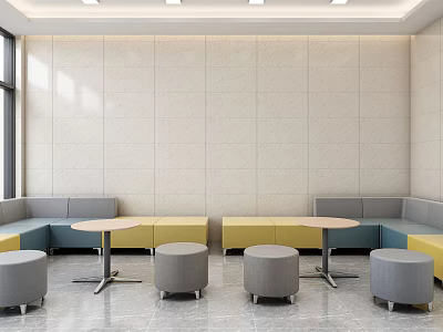 Hospital Outpatient Clinic Waiting Area With Modern Seats Round Tables And Beige Wall Panels 3d model