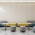 Hospital Outpatient Clinic Waiting Area With Modern Seats Round Tables And Beige Wall Panels