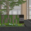 Modern Decorative Feature Wall with Green Plants and Geometric Panels at Building Entrance