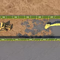 Road Construction Site With Green Safety Barriers Yellow Black Stripes And Excavator Breaking Ground