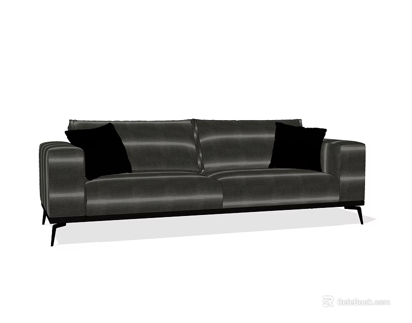 Modern Black Leather Two Seater Sofa with Metal Legs and Black Cushions 3d model 