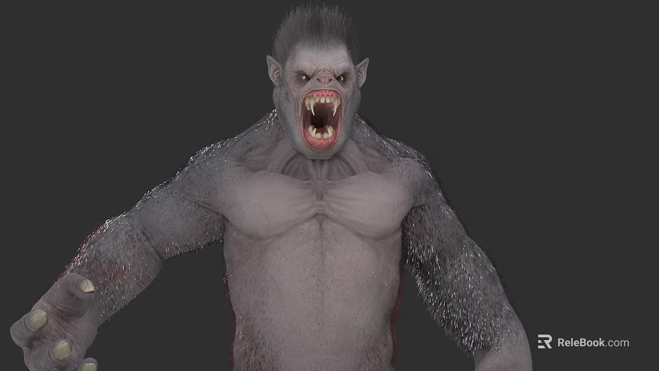 Gray Fur Beast Character With Open Mouth Sharp Teeth And Muscular Build 3d model 