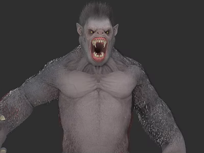 Gray Fur Beast Character With Open Mouth Sharp Teeth And Muscular Build 3d model