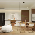 Modern Living Dining Room Interior With Dining Table Chairs Sofa Coffee Table Shelves And TV