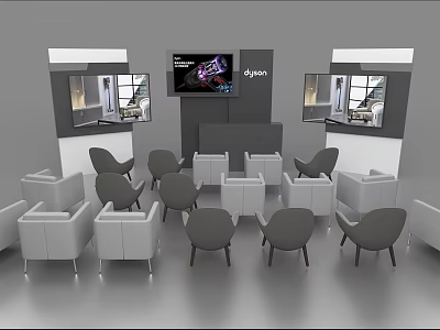 Display Shelves in Exhibition Hall with White Grey Sofas Chairs Digital Screen and Dyson Logo 3d model