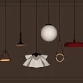 Various Design Pendant Lights Hanging On Beige Framed Wall With Different Shapes