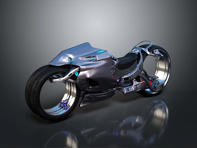 Futuristic Motorcycle Featuring Sleek Silver Body Large Wheels Blue LED Lights and Modern Design 3d model