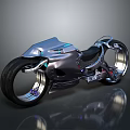 Futuristic Motorcycle Featuring Sleek Silver Body Large Wheels Blue LED Lights and Modern Design