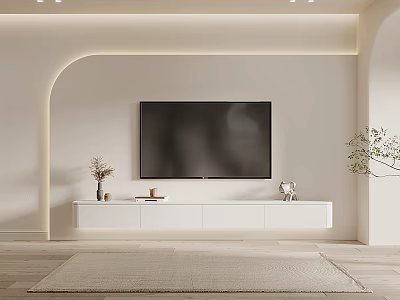 Modern Living Room TV Stand Design With Wall TV Decor Items Lighting And Area Rug 3d model