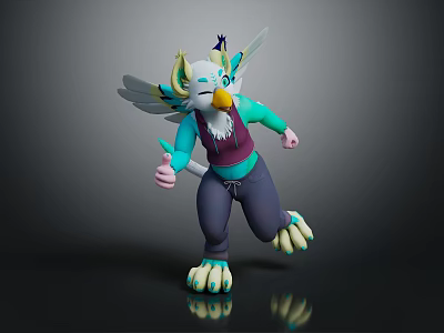 Fantasy Game Animated Character With White Wings Green Accents Purple Top And Clawed Feet 3d model