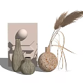 Stylish Striped And Speckled Ceramic Vases With Dried Pampas Grass And Minimalist Decor