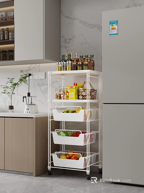 Modern Multi Tiered Kitchen Shelf with Baskets Holding Spices Fruits Vegetables 3d model 