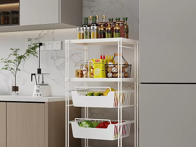 Modern Multi Tiered Kitchen Shelf with Baskets Holding Spices Fruits Vegetables 3d model