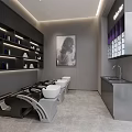 Stylish Modern Beauty Hair Salon Interior With Styling Chairs Product Display Shelves And Sink