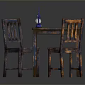 Vintage Dining Table Set with Two Distressed Wood Chairs and Blue Decorative Bottle
