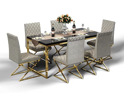 Modern Dining Table Set With Black Tabletop Golden Legs And Gray Diamond Tufted Chairs 3d model