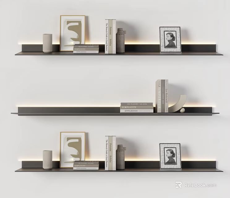 Modern Floating Shelves With LED Strip Lighting Books Photo Frames And Decor Items 3d model 