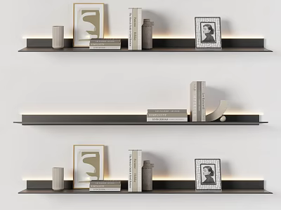 Modern Floating Shelves With LED Strip Lighting Books Photo Frames And Decor Items 3d model