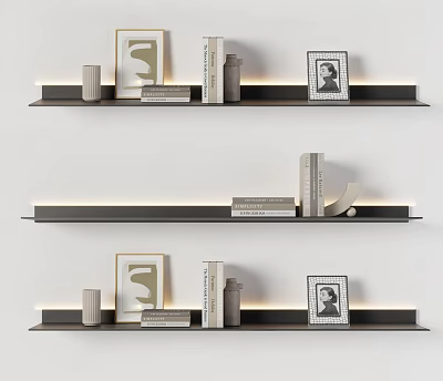 Modern Floating Shelves With LED Strip Lighting Books Photo Frames And Decor Items 3d model