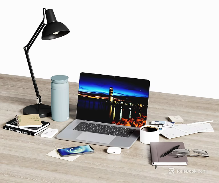 Laptop Workspace On Wooden Desk With Desk Lamp Smartphone Mouse And Coffee Cup 3d model 