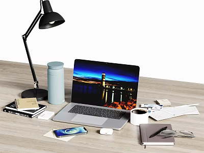 Laptop Workspace On Wooden Desk With Desk Lamp Smartphone Mouse And Coffee Cup 3d model