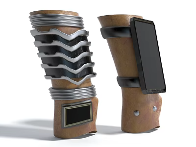 Futuristic Mechanical Wrist Gear With Brown Leather Silver Metal And Black Screen 3d model