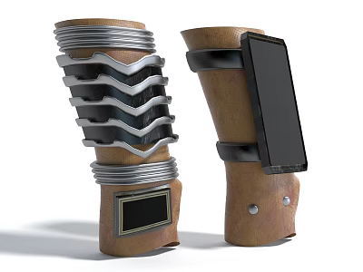 Futuristic Mechanical Wrist Gear With Brown Leather Silver Metal And Black Screen 3d model
