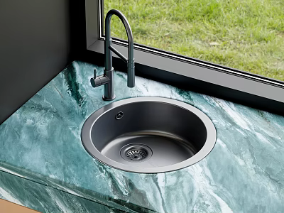 Kitchen Sink with Modern Faucet on Green Marble Countertop by Window with Grass View 3d model
