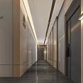Modern Elevator Hallway Interior Design With Light Wood Panels And Recessed Lighting 3d model