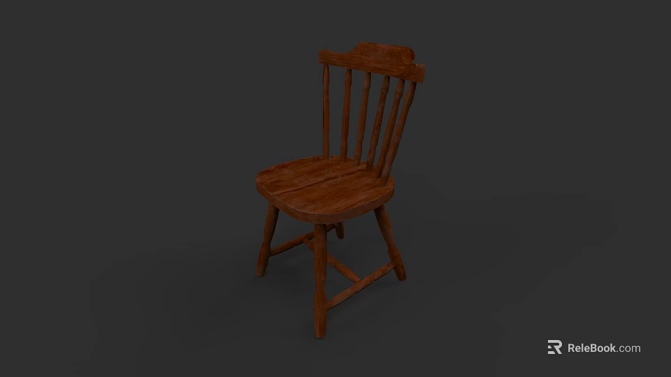 Rustic Wooden Single Chair With Slat Back Design And Solid Wood Seat Structure 3d model 