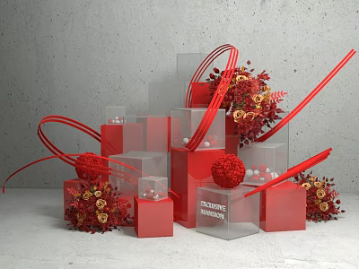 Innovative Display Of Red And Transparent Cubes With Red Decorative Flowers And Ribbons 3d model