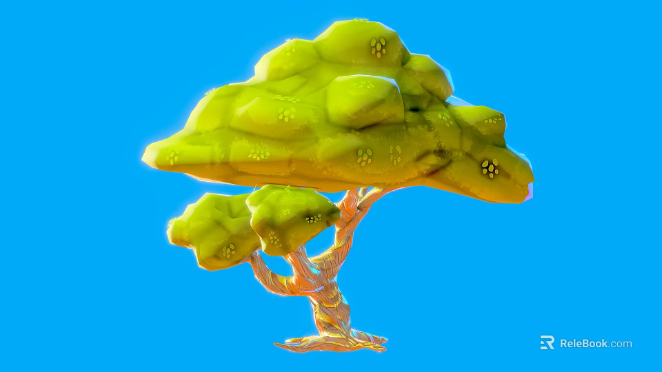 Vibrant Green Tree with Brown Trunk and Lush Canopy Against Blue Background 3d model 