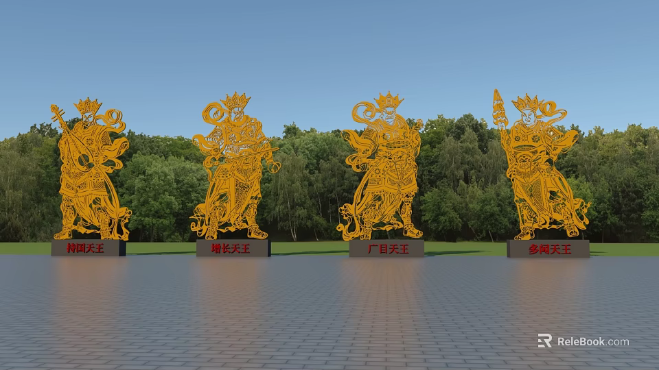 Golden Intricate Four Heavenly Kings Sculptures With Outdoor Green Trees And Blue Sky 3d model 
