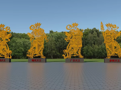 Golden Intricate Four Heavenly Kings Sculptures With Outdoor Green Trees And Blue Sky 3d model