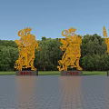 Golden Intricate Four Heavenly Kings Sculptures With Outdoor Green Trees And Blue Sky