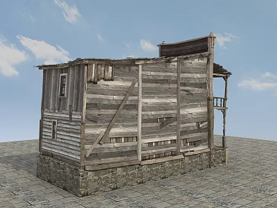 Old Weathered Wooden House With Stone Foundation And Small Porch 3d model