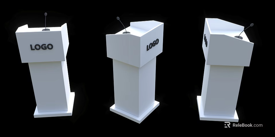 Three Modern Functional Podiums With Microphone Logo And White Sleek Design 3d model 