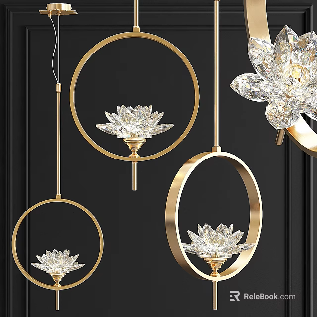 Elegant Crystal Lotus Chandeliers With Golden Circular Rings Against Black Wall 3d model 