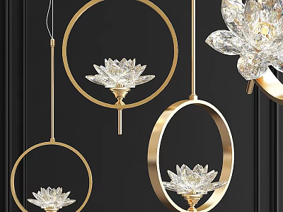 Elegant Crystal Lotus Chandeliers With Golden Circular Rings Against Black Wall 3d model