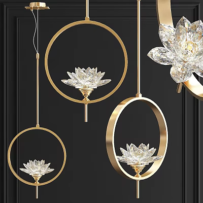 Elegant Crystal Lotus Chandeliers With Golden Circular Rings Against Black Wall 3d model