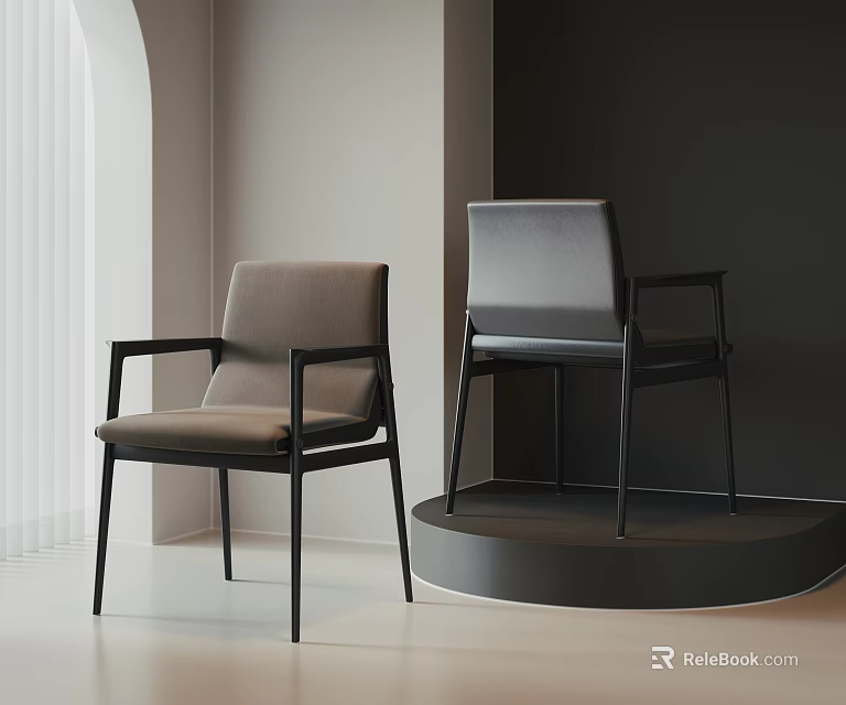 Modern Leisure Chairs With Light Brown Dark Gray Upholstery And Black Armrests In Minimalist Interior 3d model 