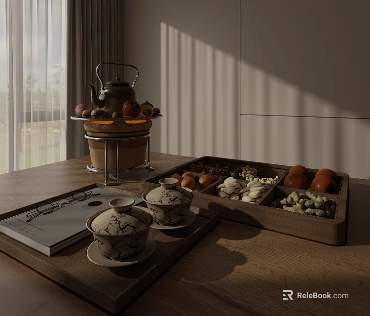 Tea Time Essentials With Teapot Cups Snacks And Book On Wooden Tray Table 3d model 