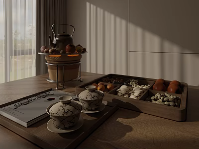 Tea Time Essentials With Teapot Cups Snacks And Book On Wooden Tray Table 3d model
